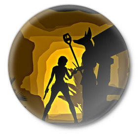 Значок с принтом Tomb Raider в Белгороде,  металл | круглая форма, металлическая застежка в виде булавки | желтый | лара крофт | черный