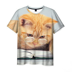 Мужская футболка 3D с принтом Кот ученый в Белгороде, 100% полиэфир | прямой крой, круглый вырез горловины, длина до линии бедер | грустный | добрый | животное | киса | киска | кот | котенок | котэ | кошка | красивый | лапа | лапка | ласковый | милый | очки | прикольный | рыжий | смешной | унылый | усатый | шерсть