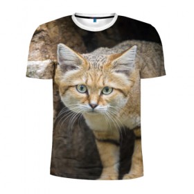 Мужская футболка 3D спортивная с принтом Песчаный кот в Белгороде, 100% полиэстер с улучшенными характеристиками | приталенный силуэт, круглая горловина, широкие плечи, сужается к линии бедра | Тематика изображения на принте: грустный | добрый | животное | киса | киска кися | кот | котенок | котэ | кошка | красивый | лапа | лапка | ласковый | милый | моська | мурлыка | прикольный | смешной | унылый | усатый | шерсть