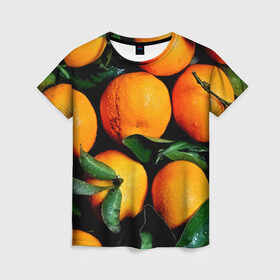 Женская футболка 3D с принтом Мандаринчики в Белгороде, 100% полиэфир ( синтетическое хлопкоподобное полотно) | прямой крой, круглый вырез горловины, длина до линии бедер | зелень | оранжевый | цитрус | яркий