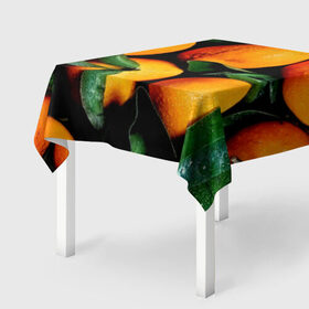 Скатерть 3D с принтом Мандаринчики в Белгороде, 100% полиэстер (ткань не мнется и не растягивается) | Размер: 150*150 см | Тематика изображения на принте: зелень | оранжевый | цитрус | яркий