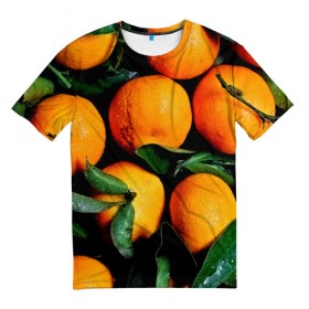 Мужская футболка 3D с принтом Мандаринчики в Белгороде, 100% полиэфир | прямой крой, круглый вырез горловины, длина до линии бедер | зелень | оранжевый | цитрус | яркий