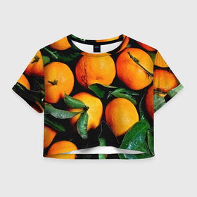Женская футболка 3D укороченная с принтом Мандаринчики в Белгороде, 100% полиэстер | круглая горловина, длина футболки до линии талии, рукава с отворотами | Тематика изображения на принте: зелень | оранжевый | цитрус | яркий