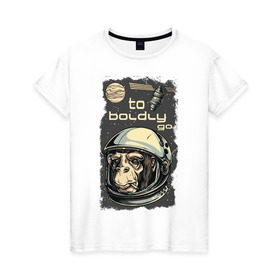Женская футболка хлопок с принтом Обезьяна космонавт в Белгороде, 100% хлопок | прямой крой, круглый вырез горловины, длина до линии бедер, слегка спущенное плечо | Тематика изображения на принте: космонавт | космос | обезьяна | шимпанзе