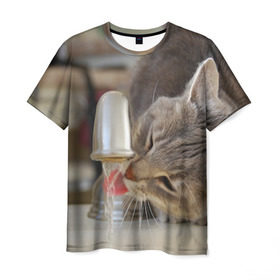 Мужская футболка 3D с принтом Кот пьющий воду из под крана в Белгороде, 100% полиэфир | прямой крой, круглый вырез горловины, длина до линии бедер | Тематика изображения на принте: 
