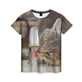 Женская футболка 3D с принтом Кот пьющий воду из под крана в Белгороде, 100% полиэфир ( синтетическое хлопкоподобное полотно) | прямой крой, круглый вырез горловины, длина до линии бедер | Тематика изображения на принте: 