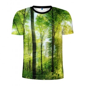 Мужская футболка 3D спортивная с принтом Солнечный лес в Белгороде, 100% полиэстер с улучшенными характеристиками | приталенный силуэт, круглая горловина, широкие плечи, сужается к линии бедра | деревья | зелень | лес | лето | лучи солнца | солнце | тайга