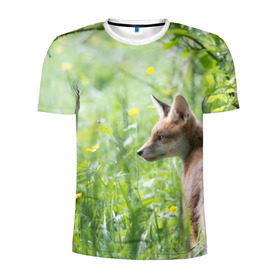 Мужская футболка 3D спортивная с принтом Лисенок в Белгороде, 100% полиэстер с улучшенными характеристиками | приталенный силуэт, круглая горловина, широкие плечи, сужается к линии бедра | fox | животное | зверь | красивая | лес | лис | лиса | лисенок | лисица | лисичка | природа | рыжая | рыжий цвет | хвост | хитрая | хищник