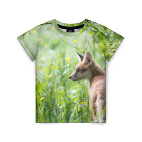 Детская футболка 3D с принтом Лисенок в Белгороде, 100% гипоаллергенный полиэфир | прямой крой, круглый вырез горловины, длина до линии бедер, чуть спущенное плечо, ткань немного тянется | Тематика изображения на принте: fox | животное | зверь | красивая | лес | лис | лиса | лисенок | лисица | лисичка | природа | рыжая | рыжий цвет | хвост | хитрая | хищник