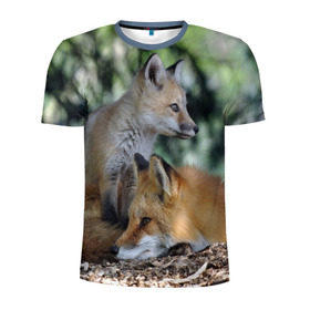 Мужская футболка 3D спортивная с принтом Лиса и лесенок в Белгороде, 100% полиэстер с улучшенными характеристиками | приталенный силуэт, круглая горловина, широкие плечи, сужается к линии бедра | fox | животное | зверь | красивая | лес | лис | лиса | лисенок | лисица | лисичка | мех | патрикеевна | песец | плутовка | прикольная | природа | рыжая | рыжий цвет | сказка | хвост | хитрая | хищник