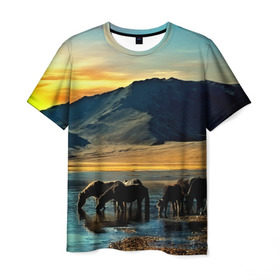 Мужская футболка 3D с принтом Лошади в Белгороде, 100% полиэфир | прямой крой, круглый вырез горловины, длина до линии бедер | 3d | берег | вода | горы | животное | закат | лошади | небо | прикольные | природа | река | солнце | яркие