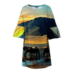 Детское платье 3D с принтом Лошади в Белгороде, 100% полиэстер | прямой силуэт, чуть расширенный к низу. Круглая горловина, на рукавах — воланы | Тематика изображения на принте: 3d | берег | вода | горы | животное | закат | лошади | небо | прикольные | природа | река | солнце | яркие