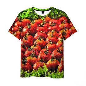 Мужская футболка 3D с принтом Томатик в Белгороде, 100% полиэфир | прямой крой, круглый вырез горловины, длина до линии бедер | 3d | еда | зелень | красный | лето | много | овощи | пища | помидор | прикольные | томат | яркие