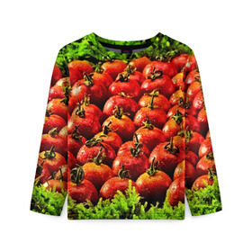 Детский лонгслив 3D с принтом Томатик в Белгороде, 100% полиэстер | длинные рукава, круглый вырез горловины, полуприлегающий силуэт
 | Тематика изображения на принте: 3d | еда | зелень | красный | лето | много | овощи | пища | помидор | прикольные | томат | яркие