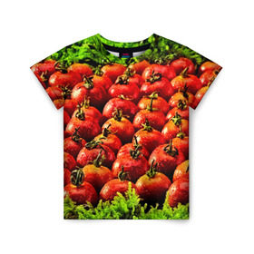Детская футболка 3D с принтом Томатик в Белгороде, 100% гипоаллергенный полиэфир | прямой крой, круглый вырез горловины, длина до линии бедер, чуть спущенное плечо, ткань немного тянется | Тематика изображения на принте: 3d | еда | зелень | красный | лето | много | овощи | пища | помидор | прикольные | томат | яркие