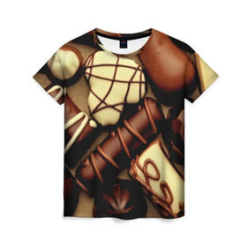 Женская футболка 3D с принтом Сладкие конфетки в Белгороде, 100% полиэфир ( синтетическое хлопкоподобное полотно) | прямой крой, круглый вырез горловины, длина до линии бедер | Тематика изображения на принте: 3d | десерт | еда | конфеты | много | пища | разные | сладкое | темный | фигуры | фон | форма | шоколад | яркие