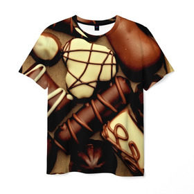 Мужская футболка 3D с принтом Сладкие конфетки в Белгороде, 100% полиэфир | прямой крой, круглый вырез горловины, длина до линии бедер | Тематика изображения на принте: 3d | десерт | еда | конфеты | много | пища | разные | сладкое | темный | фигуры | фон | форма | шоколад | яркие