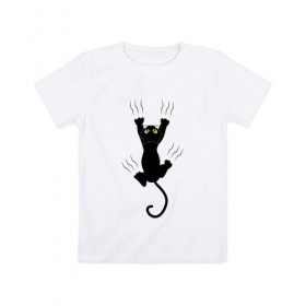 Детская футболка хлопок с принтом Кошка карабкается в Белгороде, 100% хлопок | круглый вырез горловины, полуприлегающий силуэт, длина до линии бедер | cat | арт | домашний питомец | когти | кот | кошка | прикольные | царапины