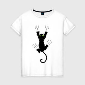 Женская футболка хлопок с принтом Кошка карабкается в Белгороде, 100% хлопок | прямой крой, круглый вырез горловины, длина до линии бедер, слегка спущенное плечо | cat | арт | домашний питомец | когти | кот | кошка | прикольные | царапины