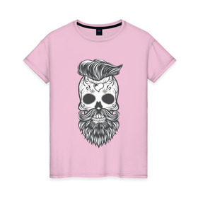 Женская футболка хлопок с принтом Бородатый череп в Белгороде, 100% хлопок | прямой крой, круглый вырез горловины, длина до линии бедер, слегка спущенное плечо | арт | борода | мертвец | прикольные | скелет | усы | череп