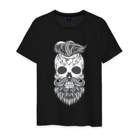 Мужская футболка хлопок с принтом Бородатый череп в Белгороде, 100% хлопок | прямой крой, круглый вырез горловины, длина до линии бедер, слегка спущенное плечо. | арт | борода | мертвец | прикольные | скелет | усы | череп