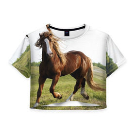 Женская футболка 3D укороченная с принтом Лошадь в Белгороде, 100% полиэстер | круглая горловина, длина футболки до линии талии, рукава с отворотами | вожжи | голоп | грация | езда | есаул | жеребец | животное | кобыла | кобылица | конь | копыта | копыто | лошадь | пегас | пони | рысак | сбруя | скакун | скачет | стойло | троя