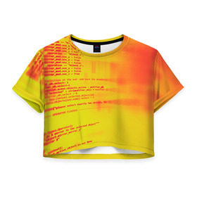 Женская футболка 3D укороченная с принтом Компьютерный код в Белгороде, 100% полиэстер | круглая горловина, длина футболки до линии талии, рукава с отворотами | Тематика изображения на принте: желтый | кибер | код | оранжевый | прога