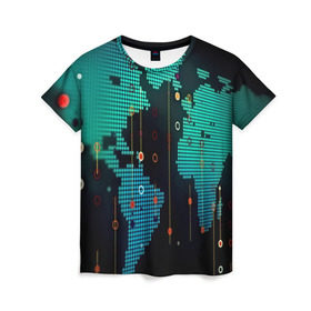 Женская футболка 3D с принтом digital world в Белгороде, 100% полиэфир ( синтетическое хлопкоподобное полотно) | прямой крой, круглый вырез горловины, длина до линии бедер | бирюзовый | карта | кибер | черный