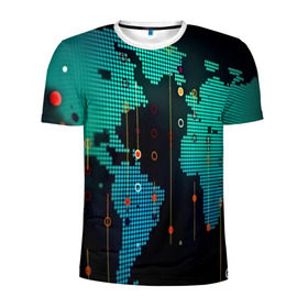 Мужская футболка 3D спортивная с принтом digital world в Белгороде, 100% полиэстер с улучшенными характеристиками | приталенный силуэт, круглая горловина, широкие плечи, сужается к линии бедра | Тематика изображения на принте: бирюзовый | карта | кибер | черный