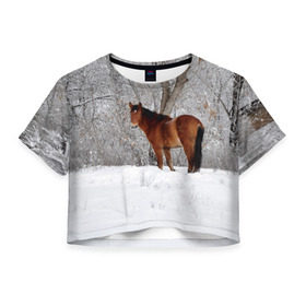 Женская футболка 3D укороченная с принтом Лошадка в зимнем лесу в Белгороде, 100% полиэстер | круглая горловина, длина футболки до линии талии, рукава с отворотами | вожжи | голоп | грация | езда | есаул | жеребец | животное | кобыла | кобылица | конь | копыта | копыто | лошадь | пегас | пони | рысак | сбруя | скакун | скачет | скачка | стойло | троя