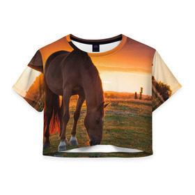 Женская футболка 3D укороченная с принтом Лошадь на закате в Белгороде, 100% полиэстер | круглая горловина, длина футболки до линии талии, рукава с отворотами | вожжи | голоп | грация | езда | есаул | жеребец | животное | кобыла | кобылица | конь | копыта | копыто | лошадь | пегас | пони | рысак | сбруя | скакун | скачет | скачка | стойло | троя