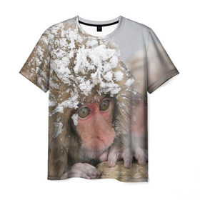 Мужская футболка 3D с принтом Обезьянка и зима в Белгороде, 100% полиэфир | прямой крой, круглый вырез горловины, длина до линии бедер | бабуин | гамадрил | гиббон | горилла | гуманоид | дарвин | животное | зоопарк | кинг конг | мартышка | маугли | обезьяна | орангутанг | предок | примат | рожа | хомо сапиенс | шимпанзе