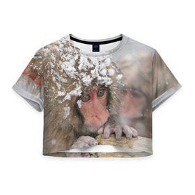 Женская футболка 3D укороченная с принтом Обезьянка и зима в Белгороде, 100% полиэстер | круглая горловина, длина футболки до линии талии, рукава с отворотами | бабуин | гамадрил | гиббон | горилла | гуманоид | дарвин | животное | зоопарк | кинг конг | мартышка | маугли | обезьяна | орангутанг | предок | примат | рожа | хомо сапиенс | шимпанзе