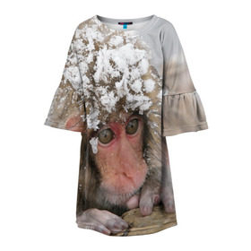 Детское платье 3D с принтом Обезьянка и зима в Белгороде, 100% полиэстер | прямой силуэт, чуть расширенный к низу. Круглая горловина, на рукавах — воланы | Тематика изображения на принте: бабуин | гамадрил | гиббон | горилла | гуманоид | дарвин | животное | зоопарк | кинг конг | мартышка | маугли | обезьяна | орангутанг | предок | примат | рожа | хомо сапиенс | шимпанзе