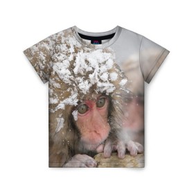 Детская футболка 3D с принтом Обезьянка и зима в Белгороде, 100% гипоаллергенный полиэфир | прямой крой, круглый вырез горловины, длина до линии бедер, чуть спущенное плечо, ткань немного тянется | бабуин | гамадрил | гиббон | горилла | гуманоид | дарвин | животное | зоопарк | кинг конг | мартышка | маугли | обезьяна | орангутанг | предок | примат | рожа | хомо сапиенс | шимпанзе
