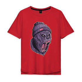 Мужская футболка хлопок Oversize с принтом Злая горилла в Белгороде, 100% хлопок | свободный крой, круглый ворот, “спинка” длиннее передней части | арт | взгляд | гипноз | гнев | горилла | животные | зубы | кинг конг | клыки | обезьяна | пасть | шапка