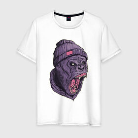 Мужская футболка хлопок с принтом Злая горилла в Белгороде, 100% хлопок | прямой крой, круглый вырез горловины, длина до линии бедер, слегка спущенное плечо. | арт | взгляд | гипноз | гнев | горилла | животные | зубы | кинг конг | клыки | обезьяна | пасть | шапка