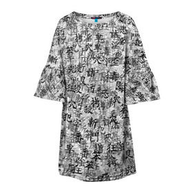 Детское платье 3D с принтом Японские иероглифы в Белгороде, 100% полиэстер | прямой силуэт, чуть расширенный к низу. Круглая горловина, на рукавах — воланы | Тематика изображения на принте: буквы | паттерн | символ | текст | текстура | черно белый | янония