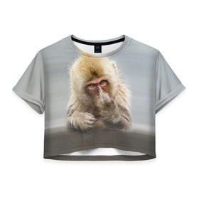 Женская футболка 3D укороченная с принтом Японская макака в Белгороде, 100% полиэстер | круглая горловина, длина футболки до линии талии, рукава с отворотами | макак | мартышка | обезьяна | палец | япония
