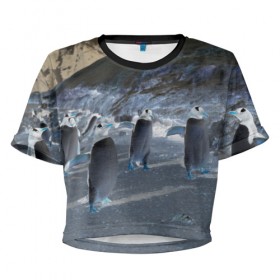 Женская футболка 3D укороченная с принтом Ночные пингвины в горах в Белгороде, 100% полиэстер | круглая горловина, длина футболки до линии талии, рукава с отворотами | 