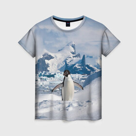 Женская футболка 3D с принтом Пингвин в горах в Белгороде, 100% полиэфир ( синтетическое хлопкоподобное полотно) | прямой крой, круглый вырез горловины, длина до линии бедер | айсберг | антарктида | антарктика | арктика | буревестник | глупый | императорский | клюв | королевский | крылья | ласты | лёд | линукс | океан | пилигрим | полюс | птица | север | снег | умка | фрак