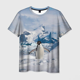 Мужская футболка 3D с принтом Пингвин в горах в Белгороде, 100% полиэфир | прямой крой, круглый вырез горловины, длина до линии бедер | айсберг | антарктида | антарктика | арктика | буревестник | глупый | императорский | клюв | королевский | крылья | ласты | лёд | линукс | океан | пилигрим | полюс | птица | север | снег | умка | фрак