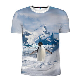 Мужская футболка 3D спортивная с принтом Пингвин в горах в Белгороде, 100% полиэстер с улучшенными характеристиками | приталенный силуэт, круглая горловина, широкие плечи, сужается к линии бедра | айсберг | антарктида | антарктика | арктика | буревестник | глупый | императорский | клюв | королевский | крылья | ласты | лёд | линукс | океан | пилигрим | полюс | птица | север | снег | умка | фрак