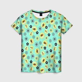 Женская футболка 3D с принтом Пчелки в Белгороде, 100% полиэфир ( синтетическое хлопкоподобное полотно) | прямой крой, круглый вырез горловины, длина до линии бедер | 3d | весна | другие | лето | насекомые | прикольные | пчелы | светлый фон | текстуры | узоры | фон | цветные | цветы | яркие