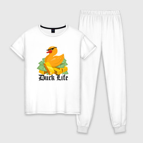 Женская пижама хлопок с принтом Duck Life в Белгороде, 100% хлопок | брюки и футболка прямого кроя, без карманов, на брюках мягкая резинка на поясе и по низу штанин | duck | ducklife | life | thuglife | утка | уточка