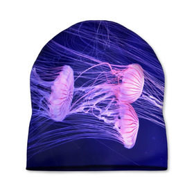 Шапка 3D с принтом Розовые медузы в Белгороде, 100% полиэстер | универсальный размер, печать по всей поверхности изделия | аквариум | вода | дайвинг | милые | море | океан | плывет | подводный мир | рыбалка | рыбка | рыбы | стая | фауна