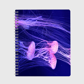 Тетрадь с принтом Розовые медузы в Белгороде, 100% бумага | 48 листов, плотность листов — 60 г/м2, плотность картонной обложки — 250 г/м2. Листы скреплены сбоку удобной пружинной спиралью. Уголки страниц и обложки скругленные. Цвет линий — светло-серый
 | Тематика изображения на принте: аквариум | вода | дайвинг | милые | море | океан | плывет | подводный мир | рыбалка | рыбка | рыбы | стая | фауна