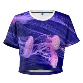 Женская футболка 3D укороченная с принтом Розовые медузы в Белгороде, 100% полиэстер | круглая горловина, длина футболки до линии талии, рукава с отворотами | аквариум | вода | дайвинг | милые | море | океан | плывет | подводный мир | рыбалка | рыбка | рыбы | стая | фауна