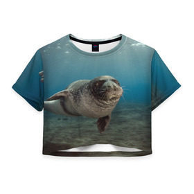 Женская футболка 3D укороченная с принтом Тюлень под водой в Белгороде, 100% полиэстер | круглая горловина, длина футболки до линии талии, рукава с отворотами | вода | дайвинг | жирный | косяк | красивые | милые | море | морская | морской котик | океан | плывет | подводный мир | прикольные | речная | рыба | рыбалка | стая | тюлень | усатый кот | фауна | чешуя