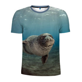 Мужская футболка 3D спортивная с принтом Тюлень под водой в Белгороде, 100% полиэстер с улучшенными характеристиками | приталенный силуэт, круглая горловина, широкие плечи, сужается к линии бедра | Тематика изображения на принте: вода | дайвинг | жирный | косяк | красивые | милые | море | морская | морской котик | океан | плывет | подводный мир | прикольные | речная | рыба | рыбалка | стая | тюлень | усатый кот | фауна | чешуя
